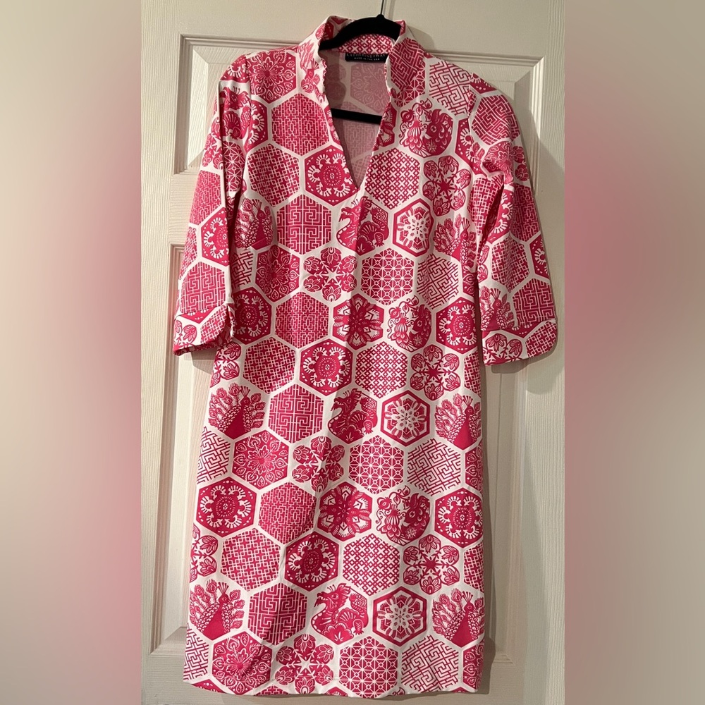 Katherine Way Pink White Geometric Chinoiserie Dress Derby Size Small